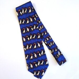 J.Z. Richards‎ Nordstrom Silk Tie Ice Skating Penguins Christmas USA Made Blue
